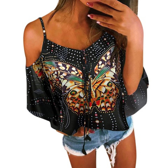 Cold Shoulder Butterfly Crop Top - Picture 5 of 5